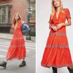Free People Rare Feelings Short Sleeve Floral Printed Maxi Dress Red Size Small